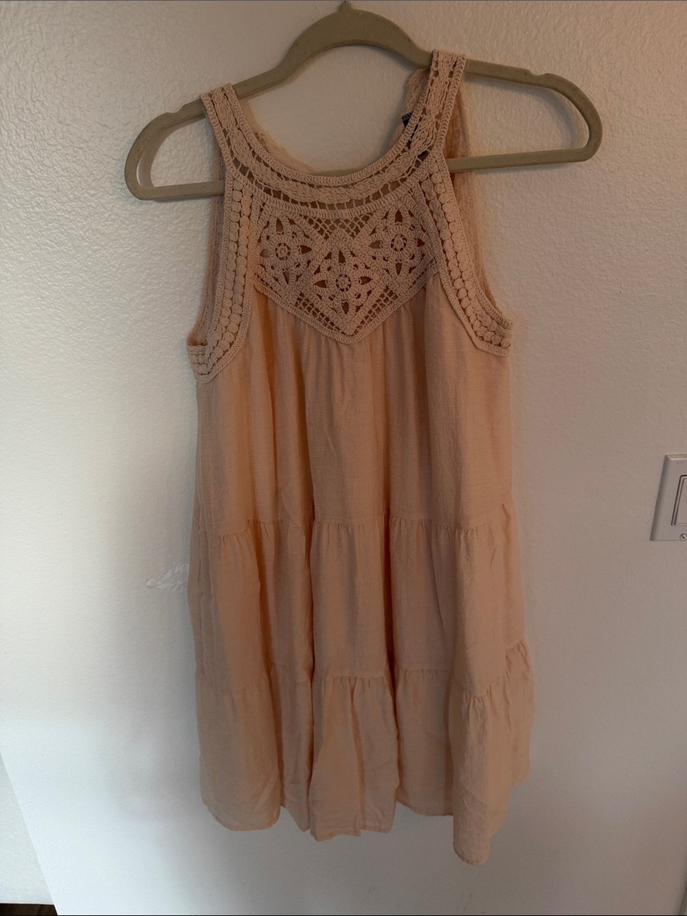 Women's Soft Peach Crochet Yoke Tiered Mini Dress